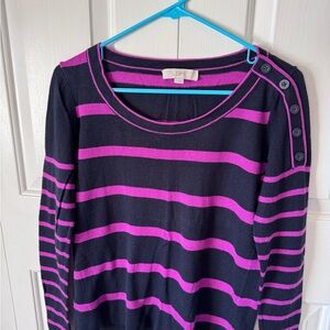 LOFT Medium Navy and Fushia Striped Sweater with Buttons